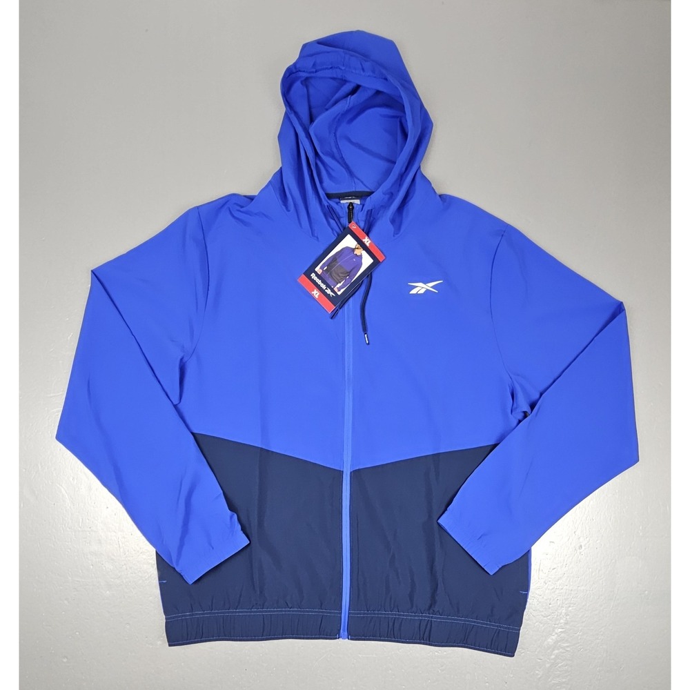 Reebok Jacket Mens XL Blue Colorblock Hooded Full Zip Training Woven Athletic